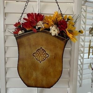Hanging Metal Wall Pocket With Faux Flowers and Chain